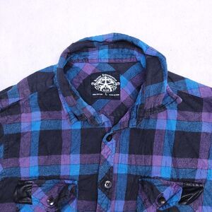 Divine Intervention Tartan Flannel Long Sleeve Button Up Shirt Mens Size L Blue